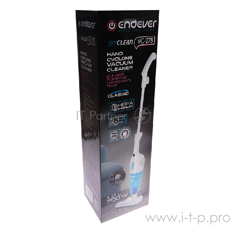Вертикальный пылесос циклонного типа Endever SkyClean VC-278, белый/голубой, мощность 700 Вт, циклонная система фильтрации, 6 шт/уп