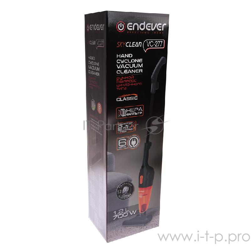 Вертикальный пылесос циклонного типа Endever SkyClean VC-277, темно-серый/оранжевый, мощность 700 Вт, циклонная система фильтрации, 6 шт/уп