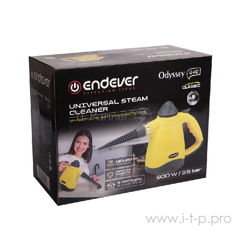 Универсальный пароочиститель Endever Odyssey Q-442, черный/желтый, 900 Вт, 3.5 бар, 28 г/мин