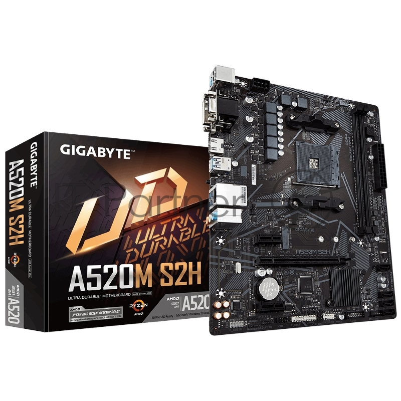 Материнская плата Gigabyte A520M S2H Soc-AM4 AMD A520 2xDDR4 mATX AC`97 8ch(7.1) GbLAN RAID+VGA+DVI+HDMI