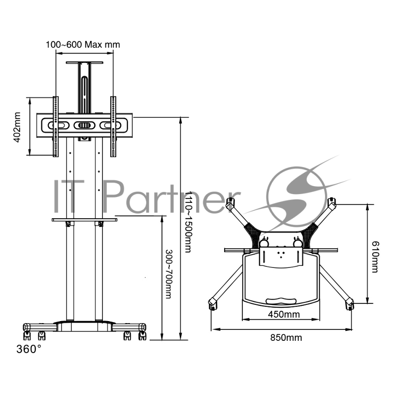 Мобильная стойка напольная Arm media PT-STAND-12 black 1 шт/уп. для TV 32-70, max 50 кг. высота 2000 мм max VESA 600X400мм.
