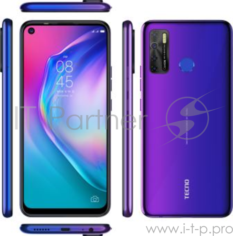 Смартфон Tecno CD7 CAMON 15 Fascinating Purple, 6.6, 1600 x 720 пикселей, 2.0GHz, Octa-Core, 4GB RAM, 64GB, up to 256GB flash, 48Mpix+2Mpix+2Mpix+QVGA/16Mpix, 2 Sim, 4G, BT v5.0, WiFi 802.11 b/g/n, GPS / AGPS, Micro-USB, 5000mAh, Android 10, 196g, 16