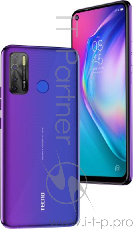 Смартфон Tecno CD7 CAMON 15 Fascinating Purple, 6.6, 1600 x 720 пикселей, 2.0GHz, Octa-Core, 4GB RAM, 64GB, up to 256GB flash, 48Mpix+2Mpix+2Mpix+QVGA/16Mpix, 2 Sim, 4G, BT v5.0, WiFi 802.11 b/g/n, GPS / AGPS, Micro-USB, 5000mAh, Android 10, 196g, 16