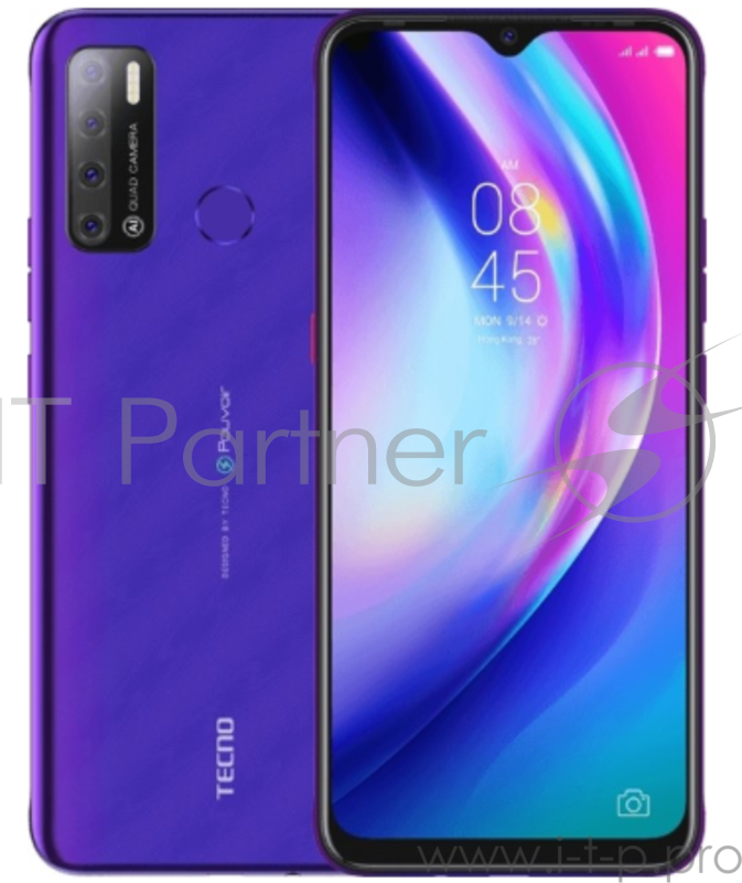 Смартфон Tecno LC7 Pouvoir 4 Purple, 6.95, 1560 x 720 пикселей, 2.0GHz, 4 Core, 2GB RAM, 32GB, up to 256GB flash, 13Mpix+2Mpix+2Mpix+QVGA/8Mpix, 2 Sim, 4G, BT v5.0, WiFi 802.11 b/g/n, GPS / AGPS, Micro-USB, 6000mAh, Android 10 (GO), 175g, 174,6 ммx79