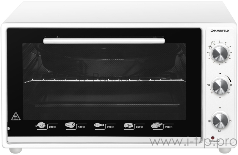 Мини-печь MAUNFELD GFSMO.20.5B Мини-печь MAUNFELD GFSMO.20.5B/ Электрическая мини-печь, 50см, 1300 Вт, механический программатор, решетка для гриля, прямоугольный противень, круглый противень белый цвет