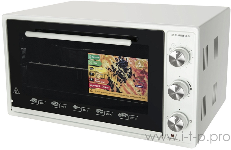 Мини-печь MAUNFELD GFSMO.20.5B Мини-печь MAUNFELD GFSMO.20.5B/ Электрическая мини-печь, 50см, 1300 Вт, механический программатор, решетка для гриля, прямоугольный противень, круглый противень белый цвет