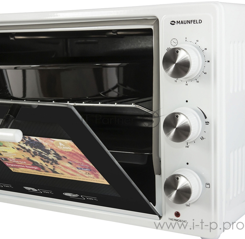 Мини-печь MAUNFELD GFSMO.20.5B Мини-печь MAUNFELD GFSMO.20.5B/ Электрическая мини-печь, 50см, 1300 Вт, механический программатор, решетка для гриля, прямоугольный противень, круглый противень белый цвет