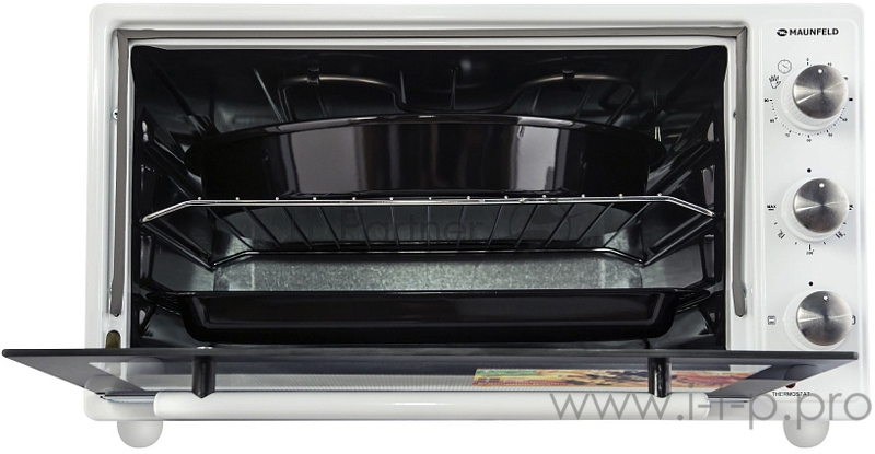 Мини-печь MAUNFELD GFSMO.20.5B Мини-печь MAUNFELD GFSMO.20.5B/ Электрическая мини-печь, 50см, 1300 Вт, механический программатор, решетка для гриля, прямоугольный противень, круглый противень белый цвет