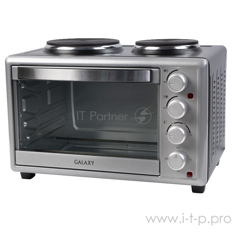 Мини-печь Galaxy GL2628, серебристый мощность 3300 Вт (мощность духовки 1500 Вт, мощность левой конфорки 1000 Вт, мощность правой конфорки 800 Вт),диаметр левой конфорки 188 мм, диаметр правой конфорки 155 мм,3 режима работы духовки, дверца из жаропр