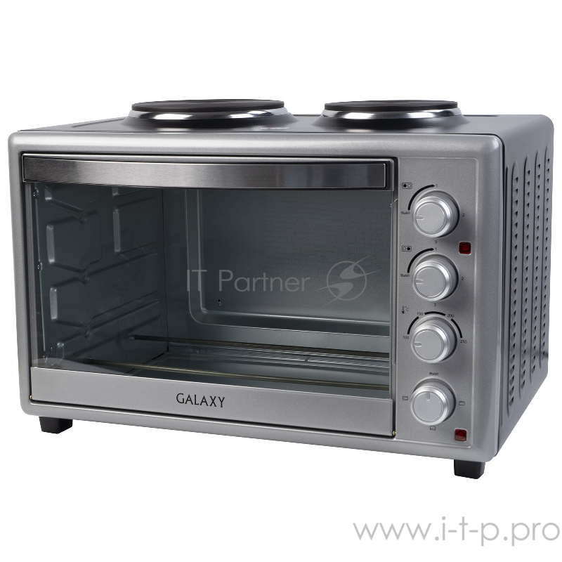 Мини-печь Galaxy GL2629, серебристый мощность 3500 Вт (мощность духовки 1650 Вт, мощность левой конфорки 1000 Вт, мощность правой конфорки 850 Вт), диаметр левой конфорки 188 мм, диаметр правой конфорки 155 мм, объем 50 л,3 режима работы духовки, две