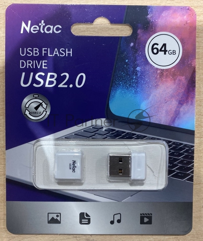 Флеш Диск Netac U116 64Gb <NT03U116N-064G-20WH>, USB2.0, миниатюрная пластиковая белая