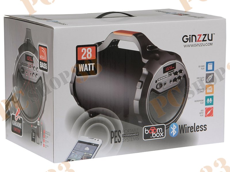 Акустическая система 2.1 Ginzzu GM-882B, сабвуфер 24Вт, сателлиты 2x2Вт, портативная, с MP3 плеером, с FM радио, с караоке, черный (Bluetooth)