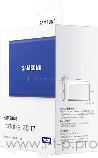 Твердотельный накопитель Samsung SSD 500GB T7 Touch, USB Type-C, R/W 1000/1050MB/s, Blue