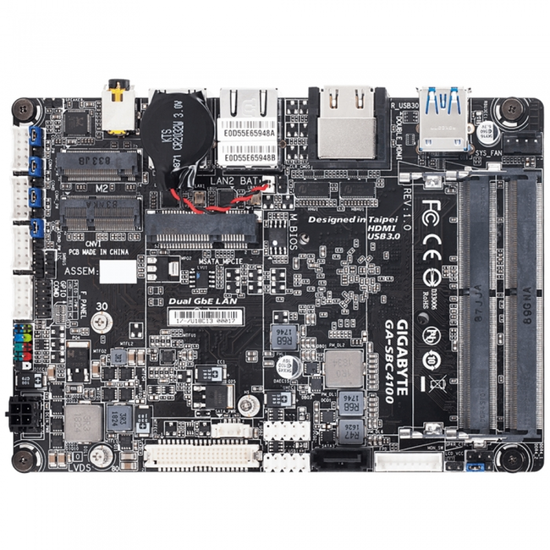 Материнские платы Gigabyte GA-SBC4100, Intel® Quad-Core Celeron®N4100 (2.4 GHz), 2xDDR4-2400 SO-DIMM, HDMI+HDMI+LVDS, 1xSATA3, 1xMSATA, 1xM.2, 2 Ch Au