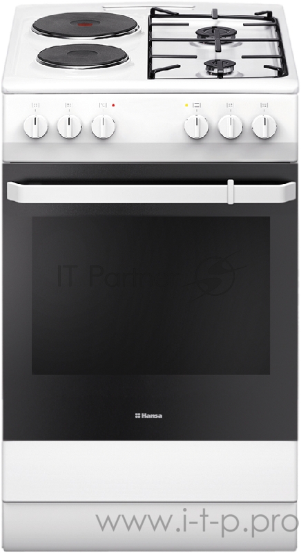 Комбинированная плита HANSA FCMW54009 , Ширина 50см 2 газовых Eco конфорки (1х4,0см, 1х6,5см) + 2 электрических (1х9,0см,1х18,0 см), электроподжиг в ручке, газ-контроль газовых горелок, электрическая духовка Multi 4, гриль, цвет белый