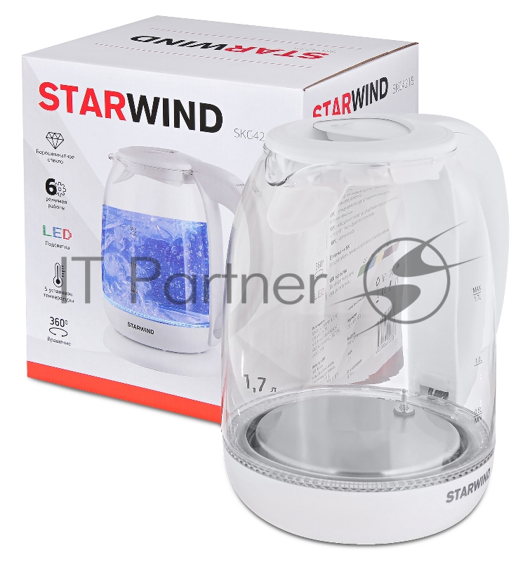 Чайник электрический Starwind SKG4215 1.7л. 2200Вт белый (корпус: стекло)