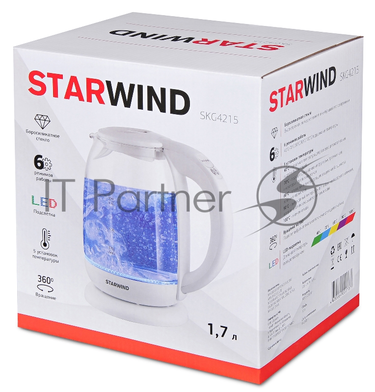 Чайник электрический Starwind SKG4215 1.7л. 2200Вт белый (корпус: стекло)