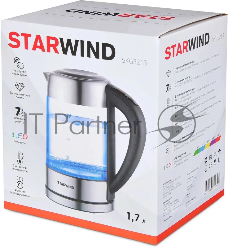 Чайник электрический Starwind SKG5213 1.7л. 2200Вт черный/серебристый (корпус: стекло)