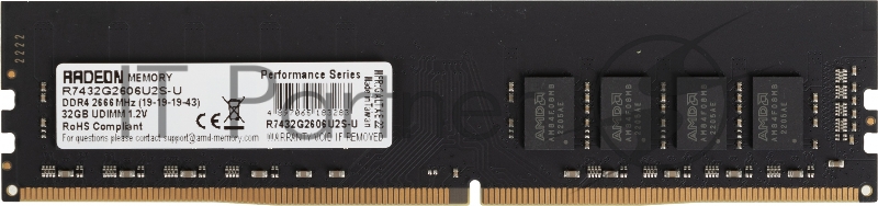 Модуль памяти 32GB AMD Radeon™ DDR4 2666 DIMM R7 Performance Series Black R7432G2606U2S-U Non-ECC, CL19, 1.2V, RTL