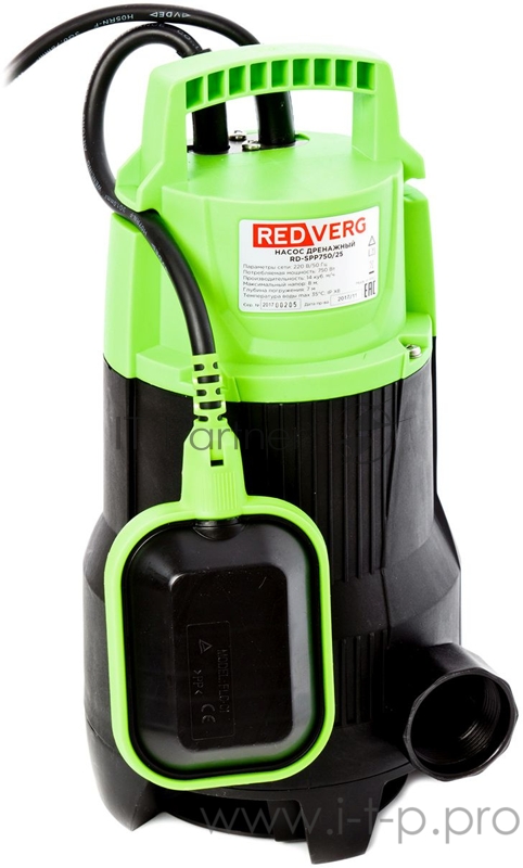 Насос дренажный RD-SPP750/25. 220В/50Гц 750Вт 14куб.м/ч. напор-8м погружение в воду- до 8м тв. частицы- до 25мм
