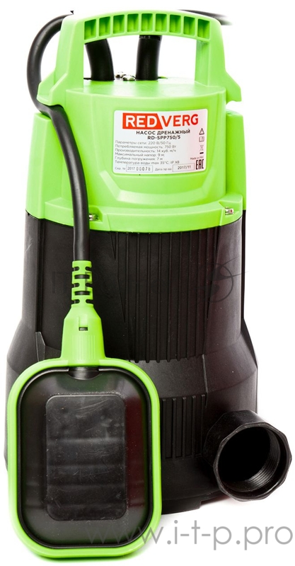 Насос дренажный RD-SPP750/5. 220В/50Гц 750Вт 14 куб.м/ч. напор-9м погружение в воду- до 9м тв. частицы- до 5мм