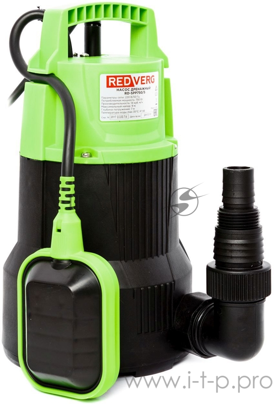 Насос дренажный RD-SPS750/5. 220В/50Гц 750Вт 11,5куб.м/ч. напор-9м погружение в воду- до 9м тв. частицы- до 5мм