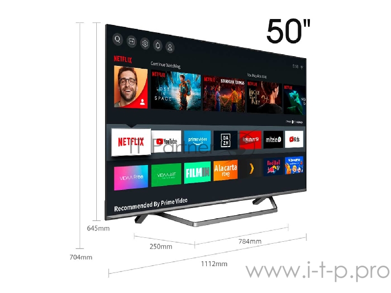 Телевизор ЖК 50 Hisense 50”, Ultra HD, Smart TV (ОС VIDAA U4.0), Wi-Fi, PCI 2500, DVB-T2/T/C/S2/S, HDR 10+, Dolby Vision, Dolby Atmos, Bluetooth, 2х10W, CI+(1.4), 4HDMI, 2USB, Black