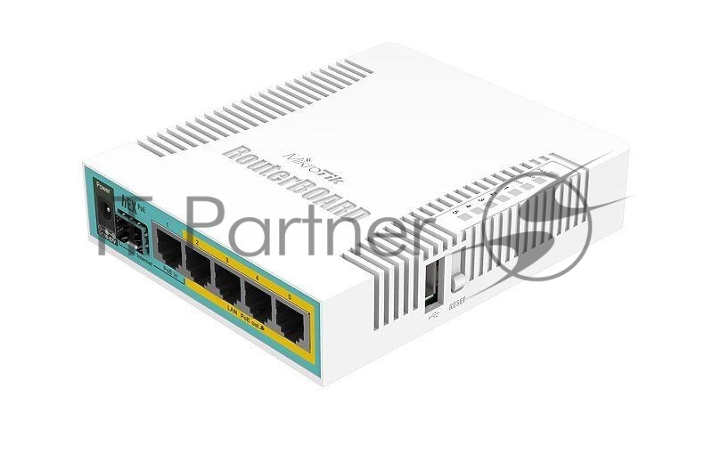 Сетевое оборудование MikroTik RB960PGS hEX PoE Роутер 5x Ethernet, 1х SFP, раздача PoE hEX PoE with 800MHz CPU, 128MB RAM, 5x Gigabit LAN (four with PoE out), USB, RouterOS L4, plastic case and PSU
