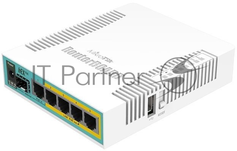 Сетевое оборудование MikroTik RB960PGS hEX PoE Роутер 5x Ethernet, 1х SFP, раздача PoE hEX PoE with 800MHz CPU, 128MB RAM, 5x Gigabit LAN (four with PoE out), USB, RouterOS L4, plastic case and PSU