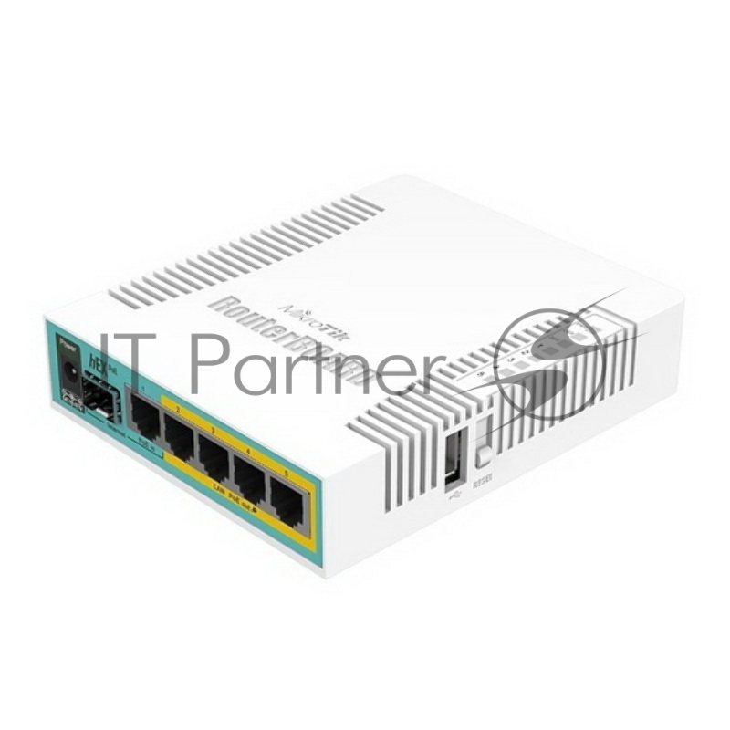 Сетевое оборудование MikroTik RB960PGS hEX PoE Роутер 5x Ethernet, 1х SFP, раздача PoE hEX PoE with 800MHz CPU, 128MB RAM, 5x Gigabit LAN (four with PoE out), USB, RouterOS L4, plastic case and PSU