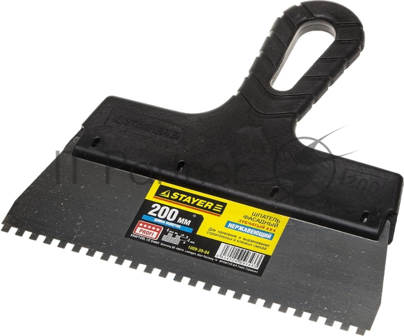 Шпатель STAYER PROFESSIONAL нержавеющий зубчатый с пластмассовой ручкой, 200мм, зуб 4х4мм