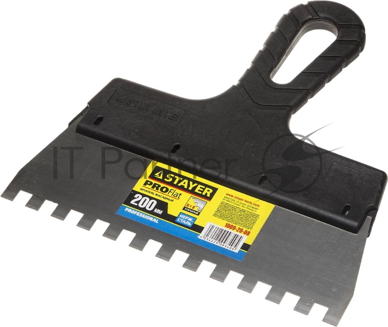 Шпатель STAYER PROFESSIONAL нержавеющий зубчатый с пластмассовой ручкой, 200мм, зуб 8х8мм