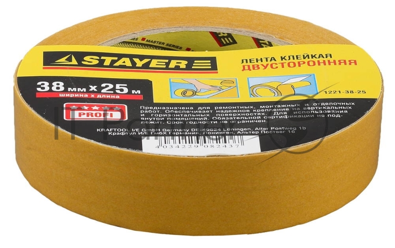 Ленты клеящие, пленки, сетки Лента STAYER MASTER клейкая, двусторонняя, на полипропиленовой основе, 38мм х 25м 1221-38-25