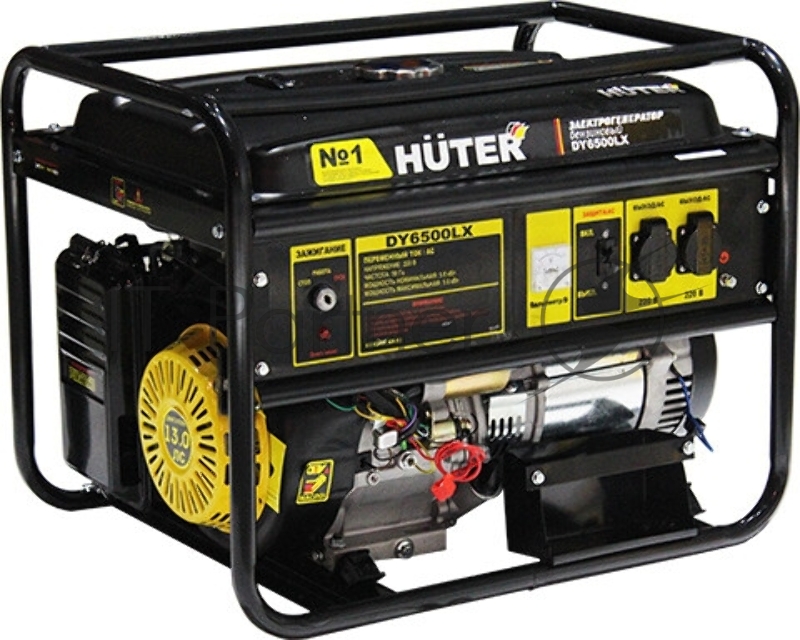 Генератор Huter DY6500LX 64/1/7 {электростартер четырехтактный,5000Вт, 220В/50Гц,81Дб,принудит охлаждение,бак 22 л,расход бенз 374 г/кВтч,расход масла 6,8 г/кВтч, габариты700х535х570 вес 74 кг}