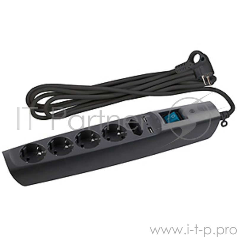 Сетевой фильтр ЭРА SFU-5es-2m-B ЭРА надеж. защита, с/з, с выкл, 5гн, 2м, ПВС, 10А, шторки, черный