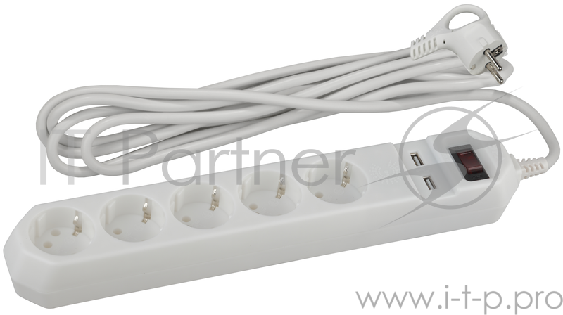 Сетевой фильтр ЭРА белый USF-5es-1.5m-USB-W с заземл 3x0.75мм2 с выкл 5гн+2USB 1.5м