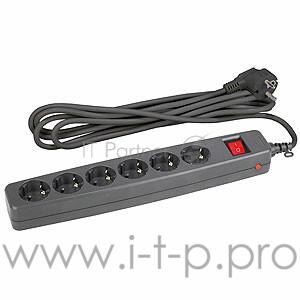 Сетевой фильтр ЭРА SF-6es-4m-B с заземлением, со шторками, с выключателем, 6гнезд, 4м, черный
