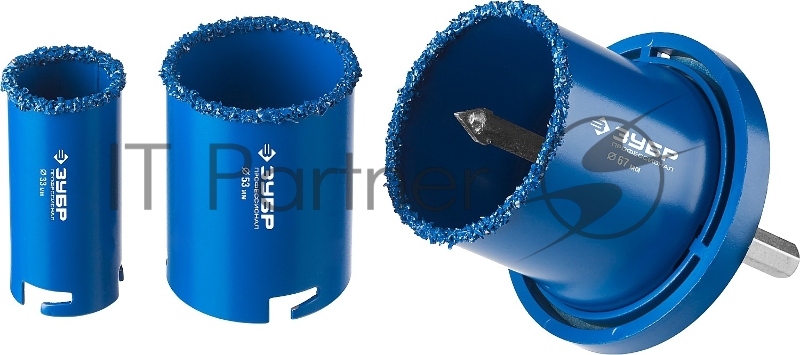 Набор кольцевых коронок ЗУБР ПРОФЕССИОНАЛ c карбид-вольфрамовым нанесением, 5 предм. в блистере: коронки d 33, 53, 67 мм, основание, сверло