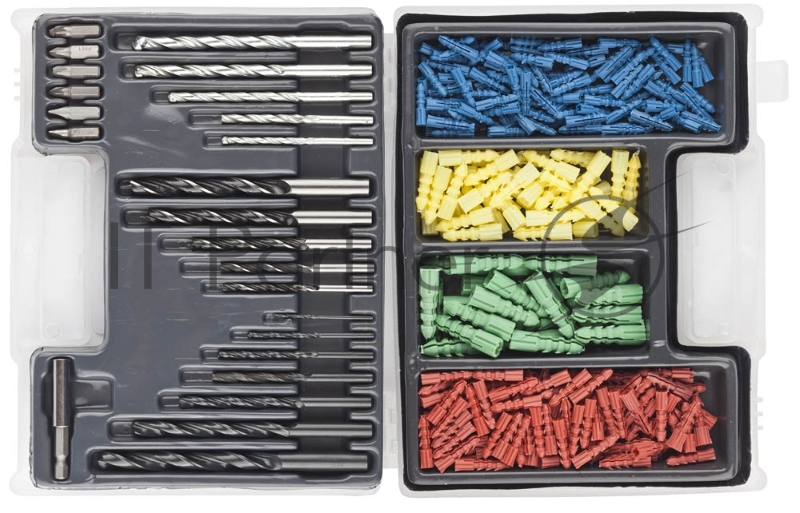 Набор комбинированных сверл с дюбелями Dexx по металлу 7шт, по дереву 5 шт., по кирпичу 5 шт., биты 6 шт., дюбели 277шт, сверла комбинированные