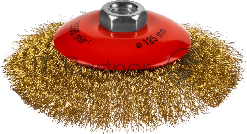 Щетка коническая для УШМ, витая стальная латунированная проволока 0,3 мм, d=125 мм, MIRAX 35143-125