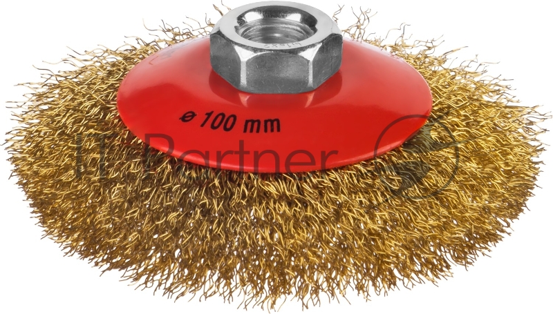 Щетка коническая для УШМ, витая стальная латунированная проволока 0,3 мм, d=100 мм, MIRAX 35143-100