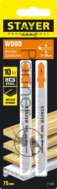 Полотна STAYER, T101B, для эл/лобзика, HCS, по дереву, ДСП, ДВП, T-хвост., шаг 2,5мм, 75мм, 2шт