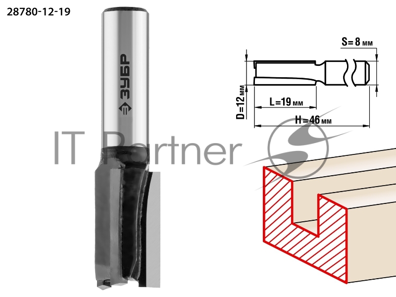 Фреза пазовая прямая ЗУБР 12x19мм, хвостовик 8мм