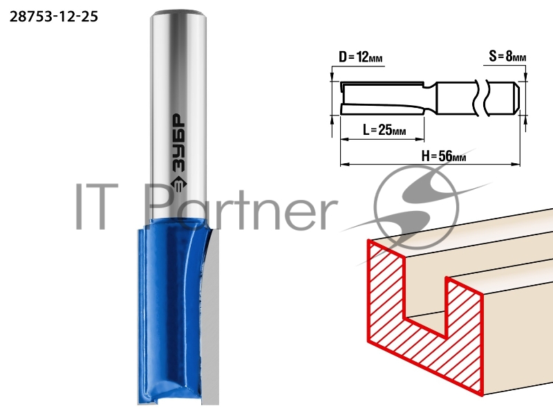 Фреза пазовая прямая ЗУБР 12x25мм, хвостовик 8мм