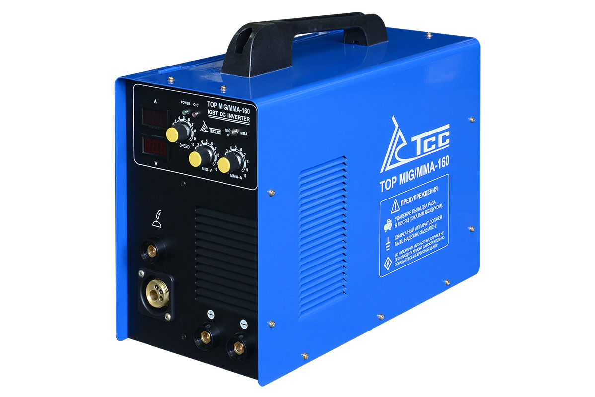 Сварочное оборудование, Инверторы ТСС Сварочный инвертор ТСС TOP MIG/MMA-160 {срок (мес): 12 Масса, кг: 17,2 Свар. ток. ММА, А: 20-160 Напряжение сети: 220В±15% 50/60 Гц Диаметр электрода, мм: 1.6-4 Свар. ток. MIG, А: