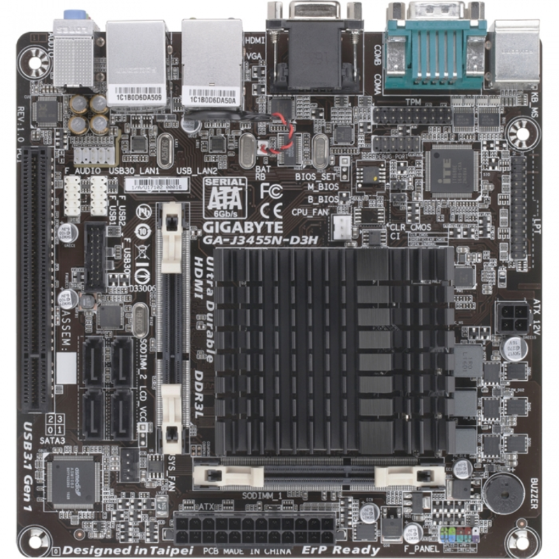 GA-J3455N-D3H, Intel® Quad-Core Celeron®J3455 (2.3 GHz), 2xDDR3-1600 SO-DIMM, D-SUB+HDMI, 1xPCI, 1xM