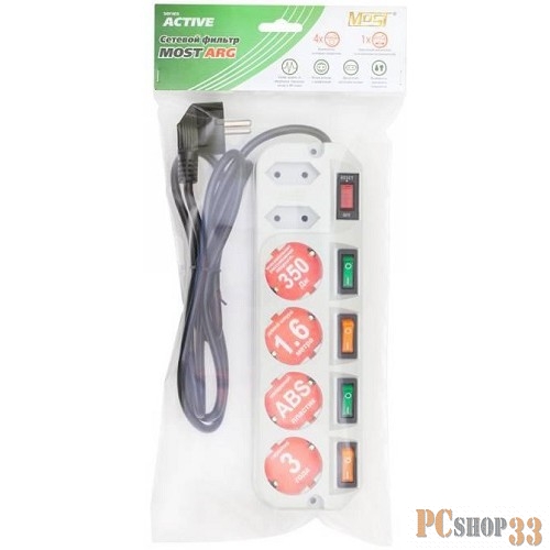 Сетевые фильтры MOST Сетевой фильтр ARG 1.6м 6 розеток (ARG-Б 1.6), белый (пакет ПЭ) {359281}