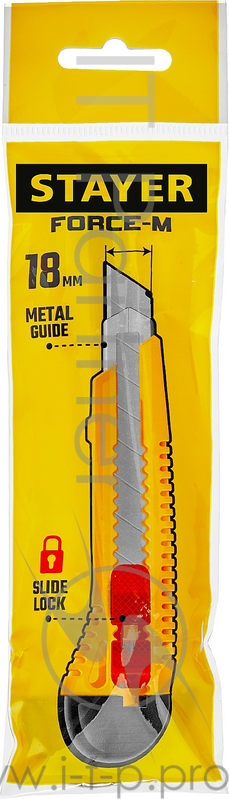 Нож STAYER 0913_z01 упрочненный с метал. направляющей и сдвижным фиксатором FORCE-M, сегмент. лезвия 18 мм