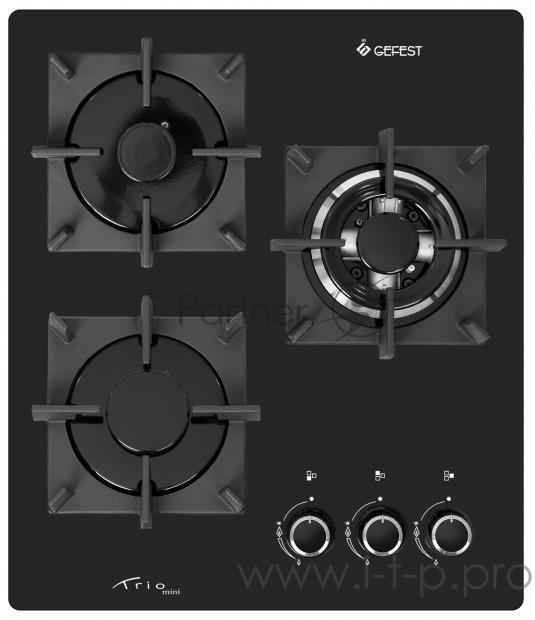 Газовая варочная панель Gefest 2100-01 К33 Стеклянная поверхность чёрного цвета, три горелки (1 двухзонная), встроенный электророзжиг, система газ-контроль, фиксированное положение малое пламя. Чугунные решётки