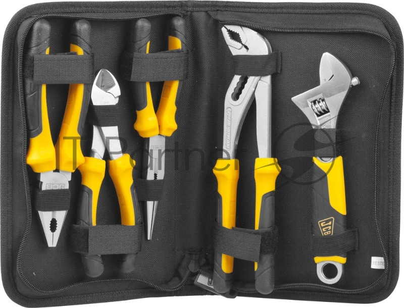 Набор JCB JPL017: Губцевый инструмент, хромированное покрытие, двухкомпонентные рукоятки, CrV cталь, 5 предм, чехол